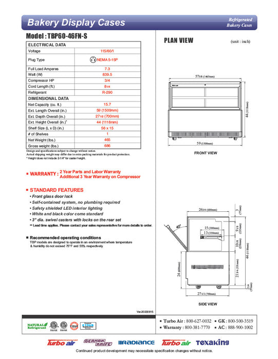Turbo Air TBP60-54FN-S 59" Refrigerated Bakery Display Case w/ Straight Glass - (3) Levels, 115v, Stainless Steel - Donut-Equipment.com