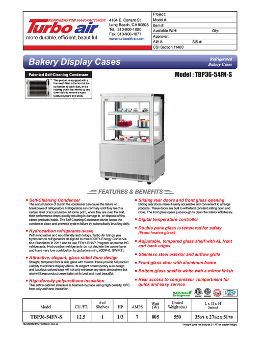 Turbo Air TBP36-54FN-S 35 3/8" Refrigerated Bakery Display Case w/ Straight Glass - (3) Levels, 115v, Stainless Steel - Donut-Equipment.com