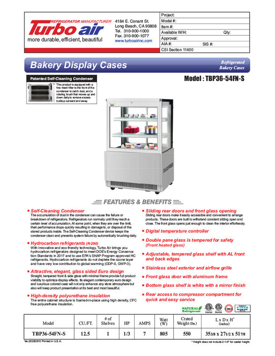 Turbo Air TBP36-54FN-S 35 3/8" Refrigerated Bakery Display Case w/ Straight Glass - (3) Levels, 115v, Stainless Steel - Donut-Equipment.com