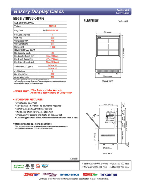 Turbo Air TBP36-54FN-S 35 3/8" Refrigerated Bakery Display Case w/ Straight Glass - (3) Levels, 115v, Stainless Steel - Donut-Equipment.com