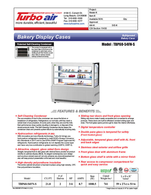 Turbo Air TBP48-54FN-S 47-1/2" Refrigerated Bakery Display Case w/ Straight Glass - (3) Levels, 115v, Stainless Steel - Donut-Equipment.com