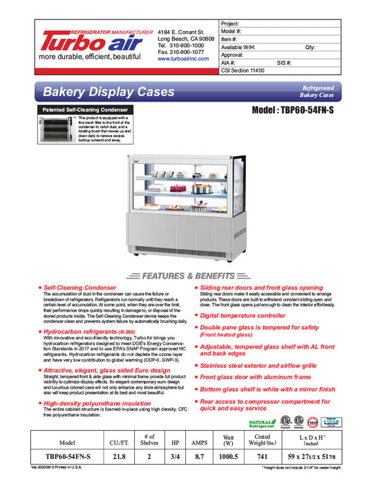 Turbo Air TBP48-54FN-S 47-1/2" Refrigerated Bakery Display Case w/ Straight Glass - (3) Levels, 115v, Stainless Steel - Donut-Equipment.com