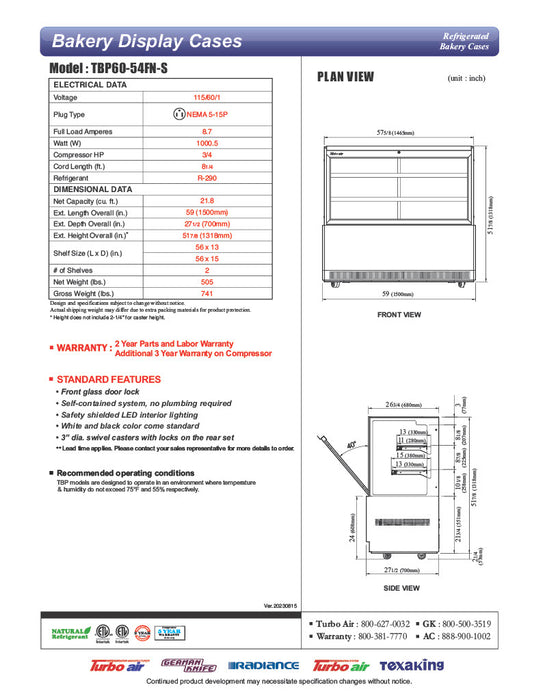Turbo Air TBP48-54FN-S 47-1/2" Refrigerated Bakery Display Case w/ Straight Glass - (3) Levels, 115v, Stainless Steel - Donut-Equipment.com