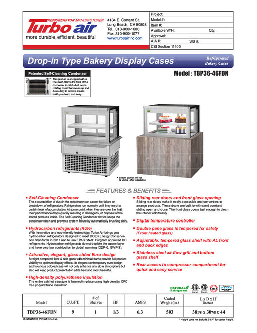 Turbo Air TBP-36-46FDN 38-1/8" Refrigerated Bakery Display Case w/ Straight Glass - (2) Levels, 115v, Stainless Steel - Donut-Equipment.com