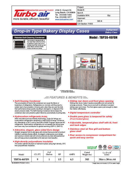 Turbo Air TBP-36-46FDN 38-1/8" Refrigerated Bakery Display Case w/ Straight Glass - (2) Levels, 115v, Stainless Steel - Donut-Equipment.com