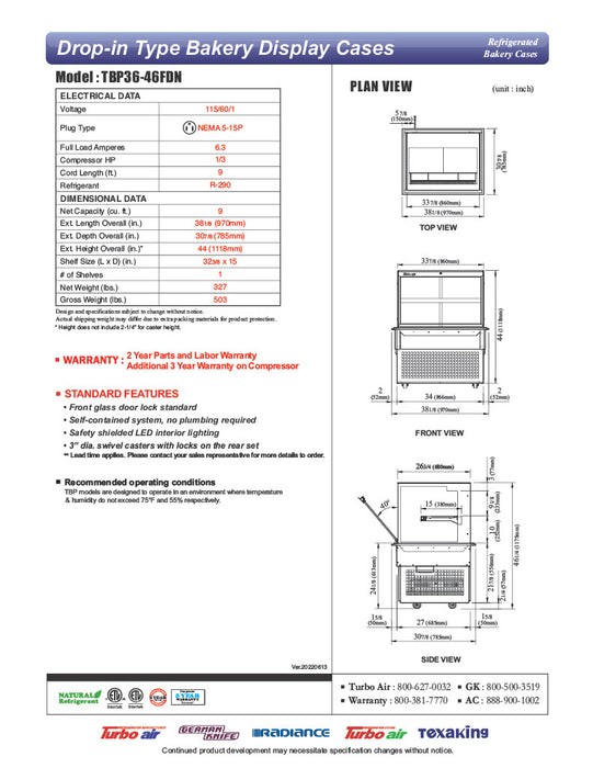 Turbo Air TBP-36-46FDN 38-1/8" Refrigerated Bakery Display Case w/ Straight Glass - (2) Levels, 115v, Stainless Steel - Donut-Equipment.com
