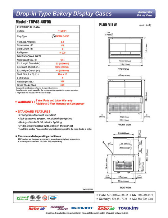 Turbo Air TBP48-46FDN 50" Refrigerated Bakery Display Case w/ Straight Glass - (2) Levels, 115v, Stainless Steel - Donut-Equipment.com