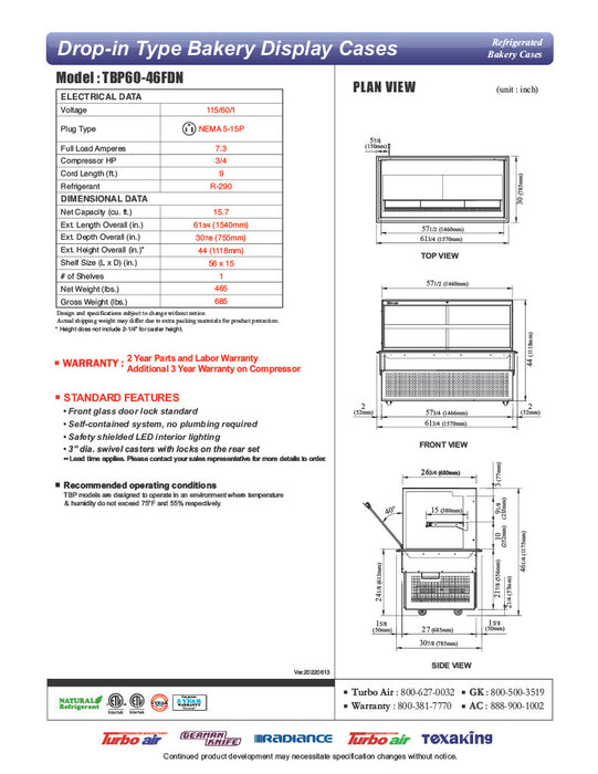 Turbo Air TBP60-46FDN 61-3/4" Refrigerated Bakery Display Case w/ Straight Glass - (2) Levels, 115v, Stainless Steel - Donut-Equipment.com