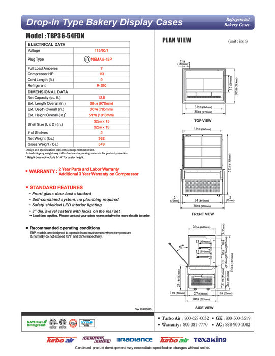 Turbo Air TBP36-54FDN 38-1/8" Refrigerated Bakery Display Case w/ Straight Glass - (3) Levels, 115v, Stainless Steel - Donut-Equipment.com