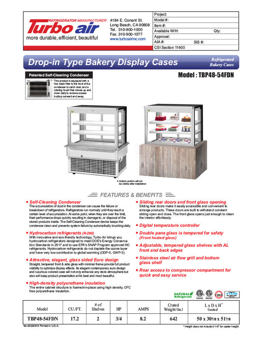 Turbo Air TBP48-54FDN 50" Refrigerated Bakery Display Case w/ Straight Glass - (3) Levels, 115v, Stainless Steel - Donut-Equipment.com