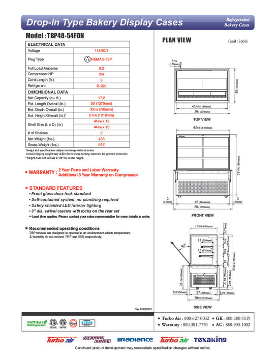 Turbo Air TBP48-54FDN 50" Refrigerated Bakery Display Case w/ Straight Glass - (3) Levels, 115v, Stainless Steel - Donut-Equipment.com