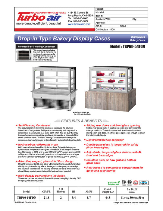 Turbo Air TBP60-54FDN 61-3/4" Refrigerated Bakery Display Case w/ Straight Glass - (3) Levels, 115v, Stainless Steel - Donut-Equipment.com