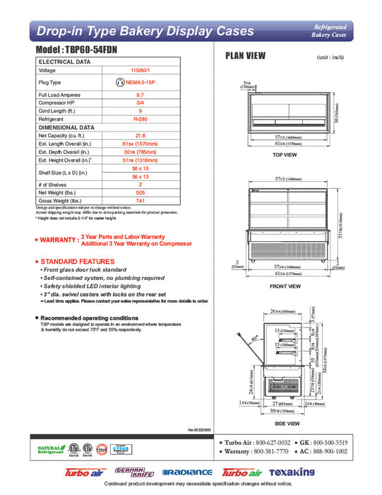 Turbo Air TBP60-54FDN 61-3/4" Refrigerated Bakery Display Case w/ Straight Glass - (3) Levels, 115v, Stainless Steel - Donut-Equipment.com