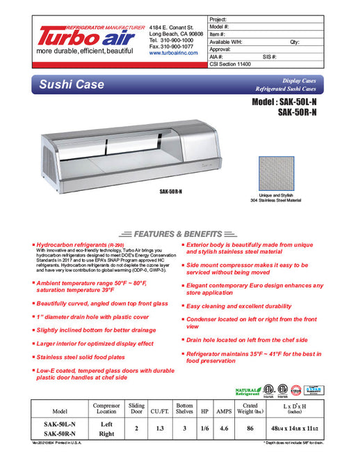 Turbo Air SAK-50L-N 50" Stainless Steel Curved Glass Refrigerated Display/Sushi Case - Left Side Compressor - Donut-Equipment.com