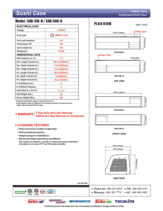 Turbo Air SAK-50L-N 50" Stainless Steel Curved Glass Refrigerated Display/Sushi Case - Left Side Compressor - Donut-Equipment.com