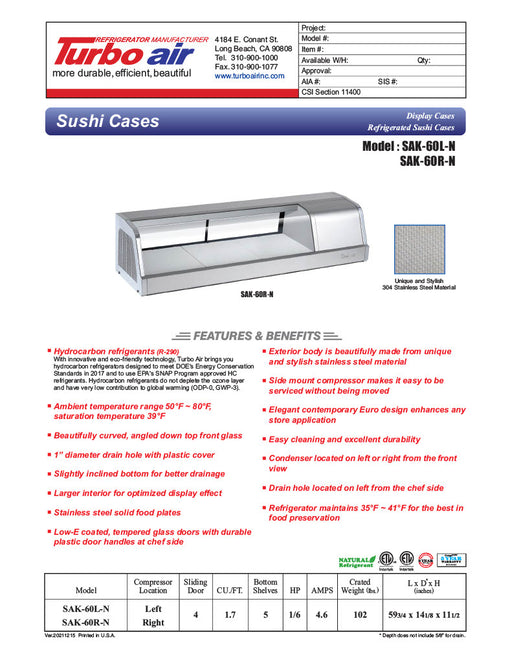 Turbo Air SAK-60R-N 60" Stainless Steel Curved Glass Refrigerated Display/Sushi Case - Right Side Compressor - Donut-Equipment.com