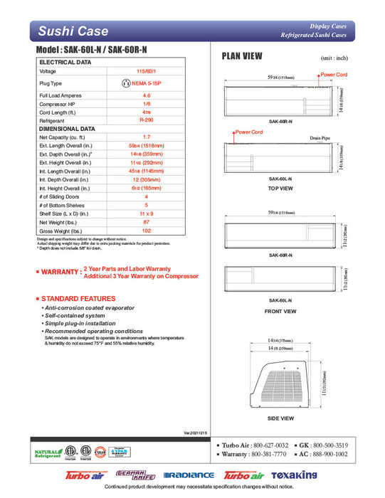 Turbo Air SAK-60R-N 60" Stainless Steel Curved Glass Refrigerated Display/Sushi Case - Right Side Compressor - Donut-Equipment.com