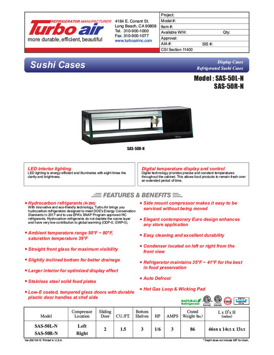 Turbo Air SAS-50R-N 50" Straight Glass Refrigerated Display/Sushi Case - Right Side Compressor - Donut-Equipment.com