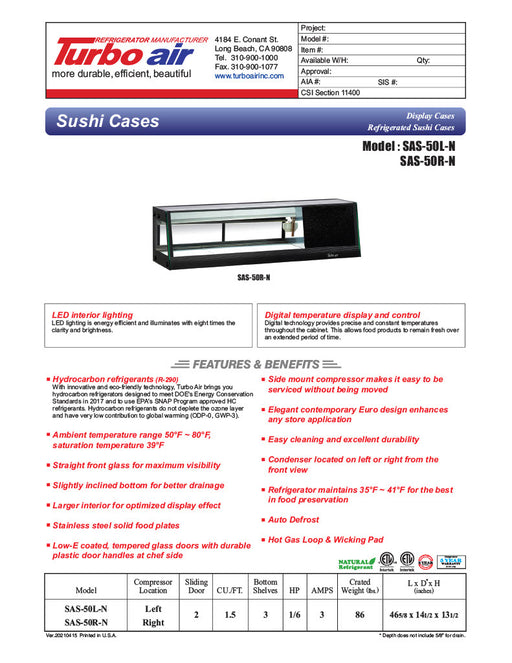 Turbo Air SAS-50L-N 50" Straight Glass Refrigerated Display/Sushi Case - Left Side Compressor - Donut-Equipment.com