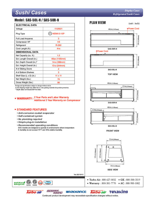 Turbo Air SAS-50R-N 50" Straight Glass Refrigerated Display/Sushi Case - Right Side Compressor - Donut-Equipment.com