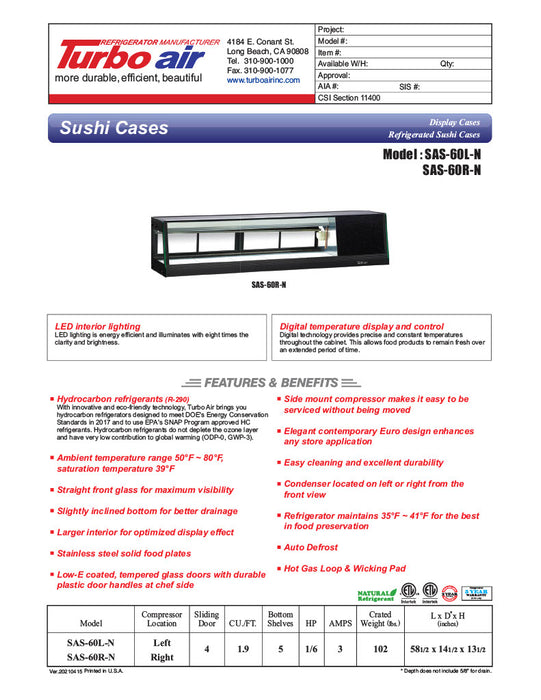 Turbo Air SAS-60L-N 60" Straight Glass Refrigerated Food/Sushi Case - Left Side Compressor - Donut-Equipment.com