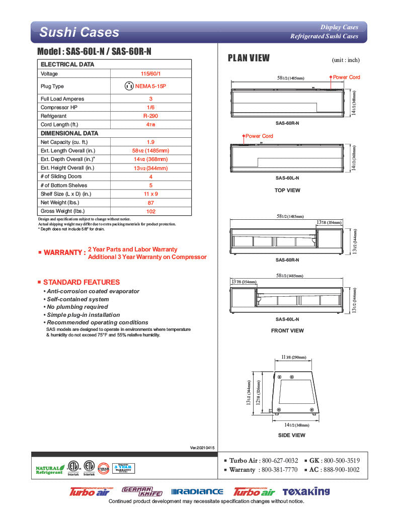 Turbo Air SAS-60R-N 60" Straight Glass Refrigerated Food/Sushi Case - Right Side Compressor - Donut-Equipment.com