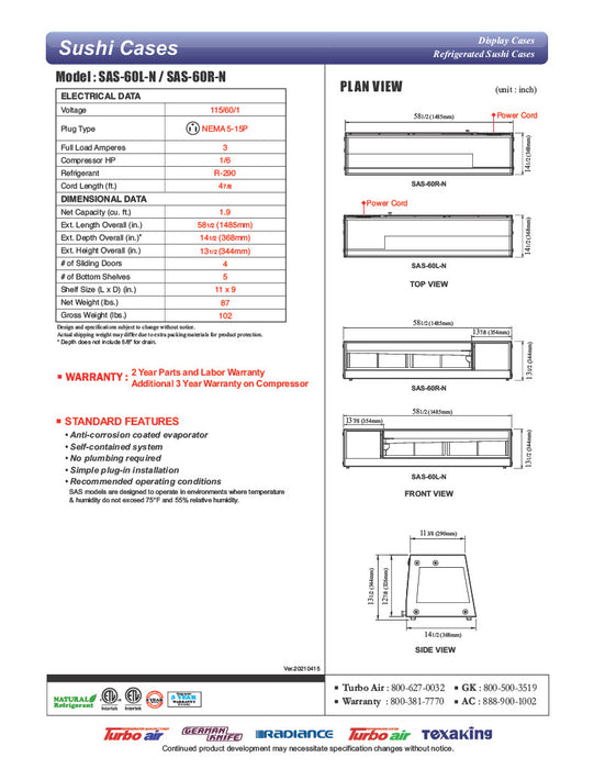 Turbo Air SAS-60R-N 60" Straight Glass Refrigerated Food/Sushi Case - Right Side Compressor - Donut-Equipment.com