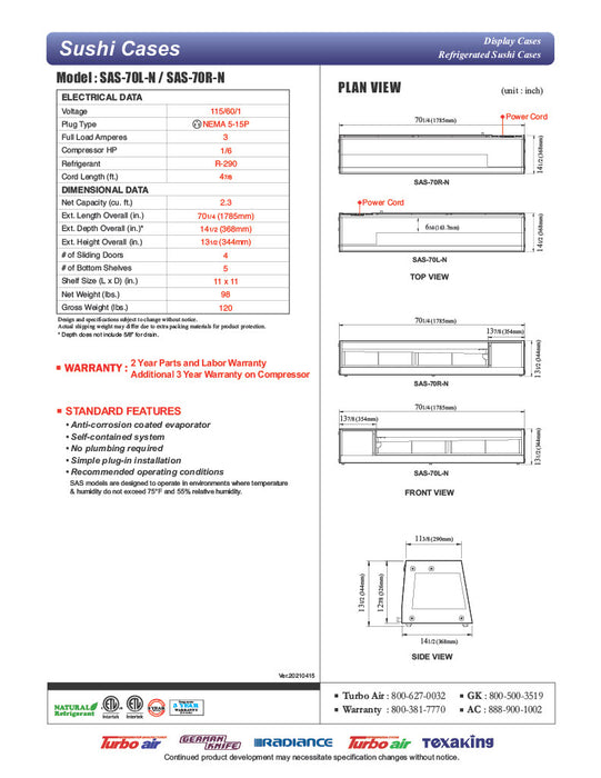 Turbo Air SAS-70R-N 70" Straight Glass Refrigerated Food/Sushi Case - Right Side Compressor - Donut-Equipment.com