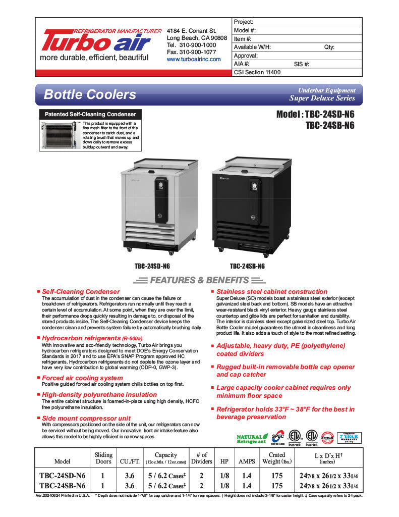 Turbo Air TBC-24SB-N6 24" Super Deluxe Black Exterior Bottle or Can Cooler - Donut-Equipment.com
