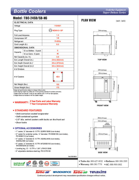 Turbo Air TBC-24SD-N6 24" Super Deluxe Stainless Steel Bottle or Can Cooler - Donut-Equipment.com