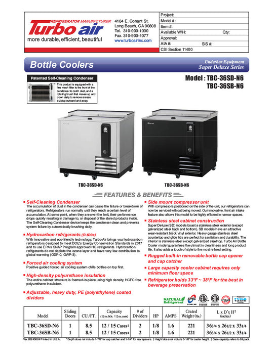 Turbo Air TBC-36SB-N6 36" Super Deluxe Black Exterior Bottle Cooler - Donut-Equipment.com