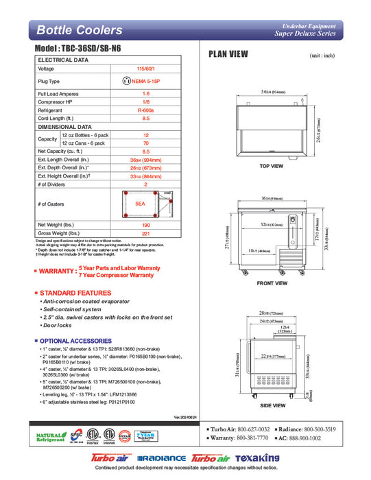 Turbo Air TBC-36SB-N6 36" Super Deluxe Black Exterior Bottle Cooler - Donut-Equipment.com