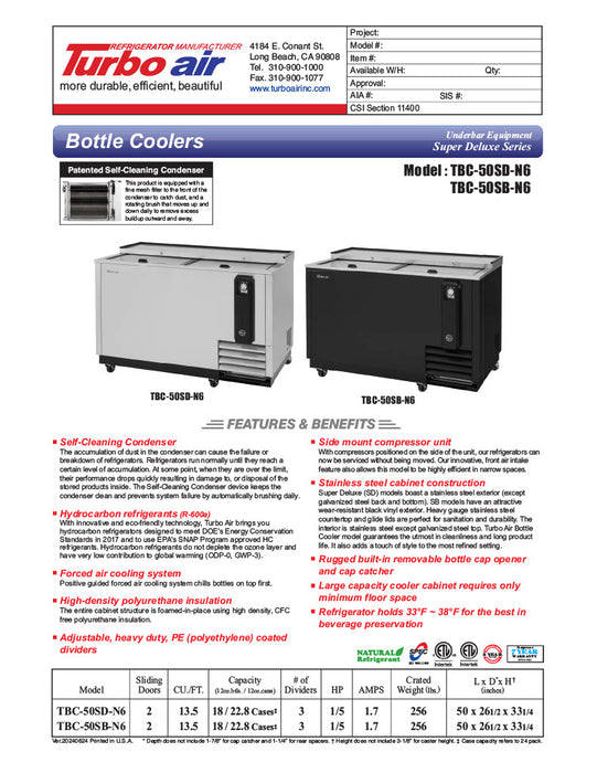 Turbo Air TBC-50SB-N6 50" Super Deluxe Black Exterior Bottle Cooler 2 Lids - Donut-Equipment.com