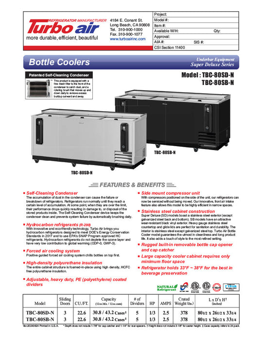 Turbo Air TBC-80SD-N 80 1/2" Forced Air Bottle Cooler - Holds (739) 12 oz Bottles, Stainless, 115v - Donut-Equipment.com