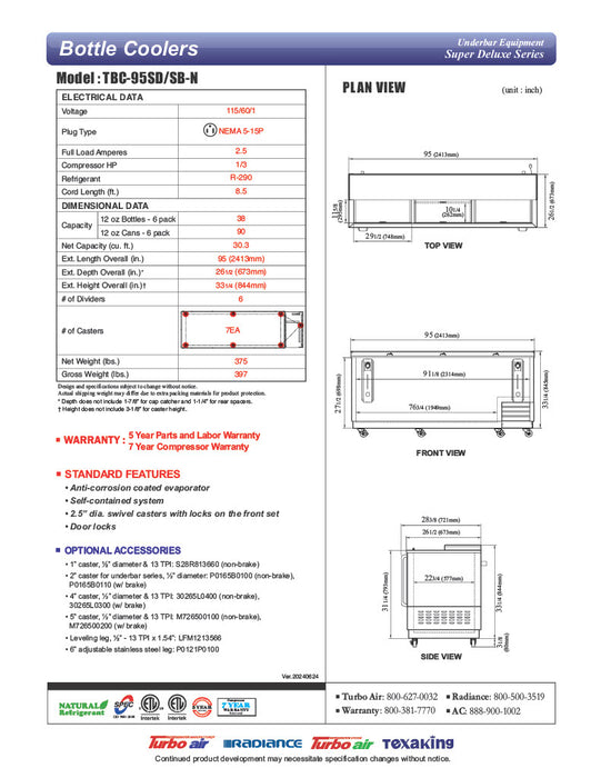 Turbo Air TBC-95SD-N 95" Forced Air Bottle Cooler - Holds (912) 12 oz Bottles, Stainless, 115v - Donut-Equipment.com