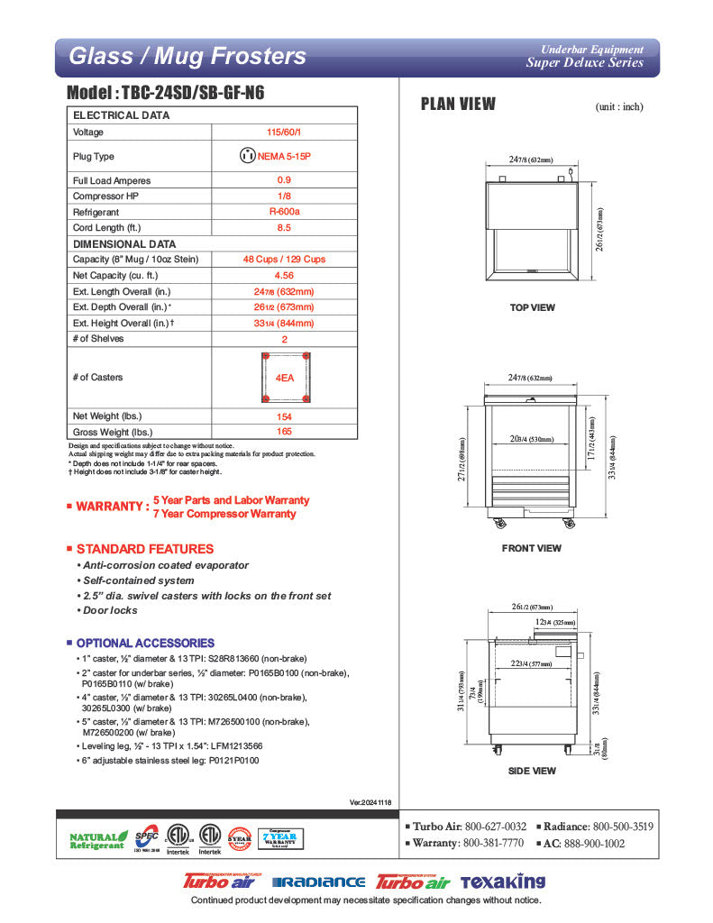 Turbo Air TBC-24SD-GF-N6 25" Stainless Steel Glass Froster - Donut-Equipment.com