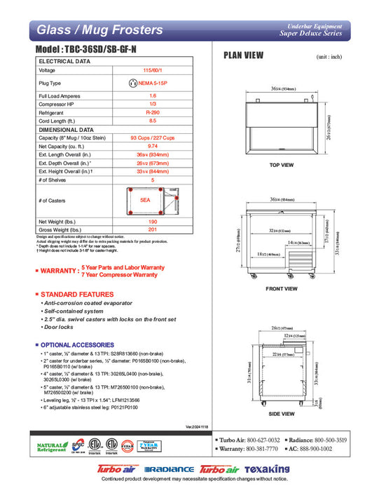 Turbo Air TBC-36SB-GF-N 36" Black Laminate Exterior, Glass Froster - Donut-Equipment.com