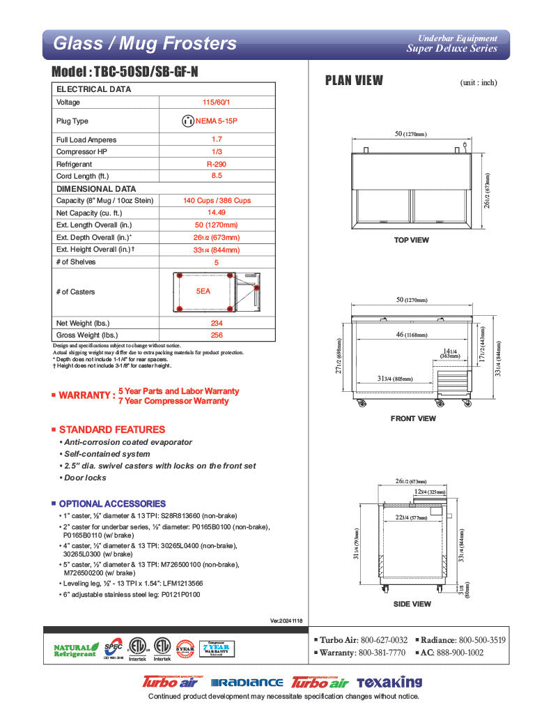 Turbo Air TBC-50SD-GF-N 50" 2-Section Glass Chiller – 140 Mug Capacity, Stainless Steel, 115v - Donut-Equipment.com