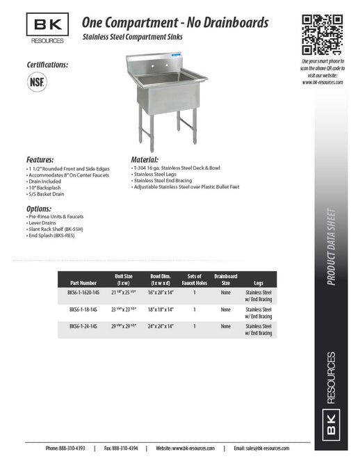 BK Resources Stainless Steel 1 Compartment Sink w/ 10" Riser – 20"L x 16"W x 14"D Bowl - Donut-Equipment.com