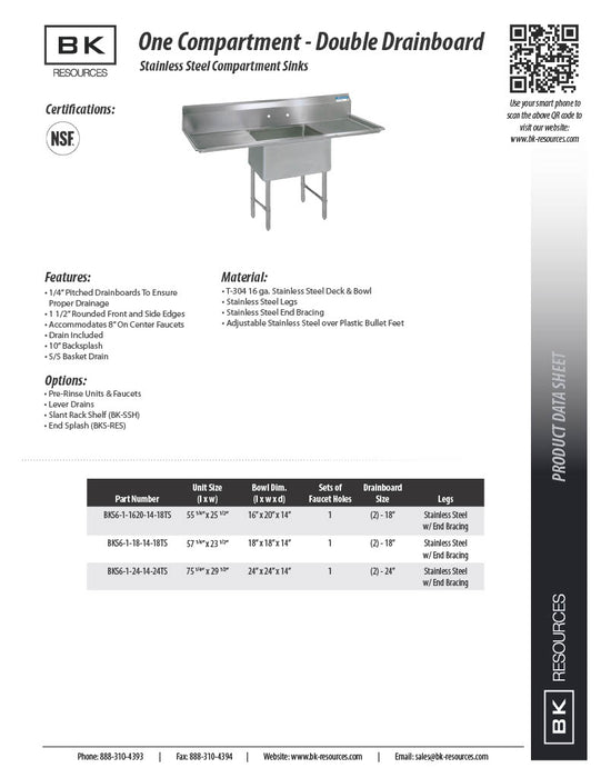 BK Resources Stainless Steel 1 Compartment Sink w/ 10" Riser & Dual Drainboards – 20"L x 16"W x 14"D Bowl - Donut-Equipment.com