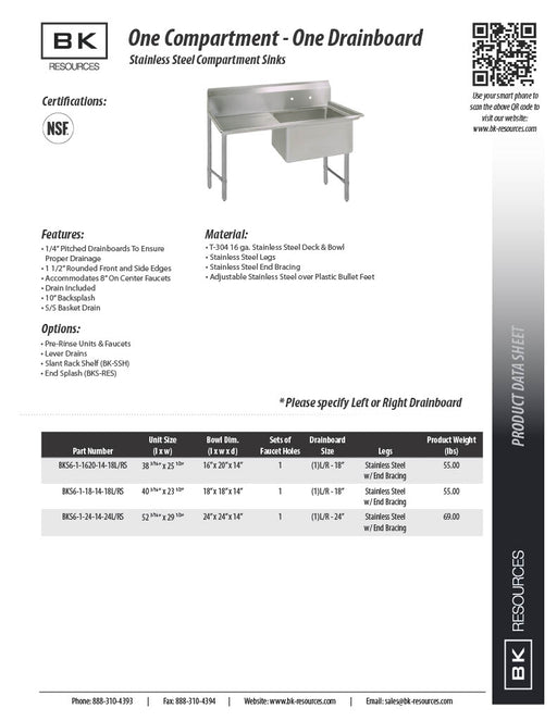 BK Resources Stainless Steel 1 Compartment Sink w/ 10" Riser & Right Drainboard – 24"L x 24"W x 14"D Bowl - Donut-Equipment.com