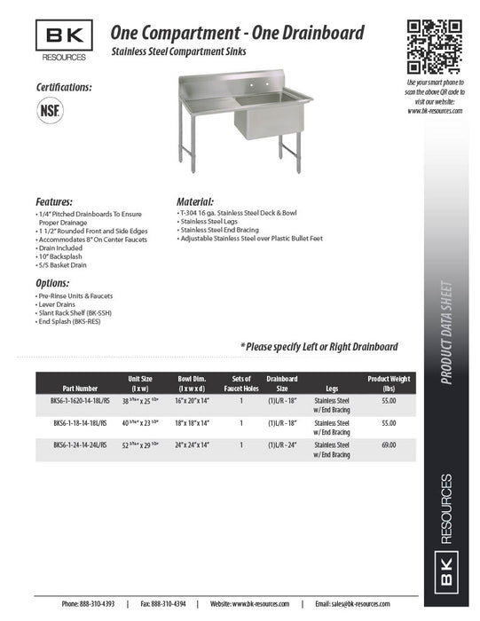 BK Resources Stainless Steel 1 Compartment Sink w/ 10" Riser & Right Drainboard – 24"L x 24"W x 14"D Bowl - Donut-Equipment.com