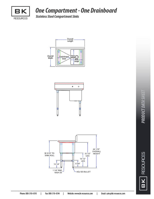 BK Resources Stainless Steel 1 Compartment Sink w/ 10" Riser & Right Drainboard – 24"L x 24"W x 14"D Bowl - Donut-Equipment.com