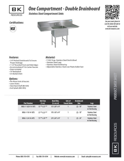 BK Resources Stainless Steel 1 Compartment Sink w/ 10" Riser & Dual Drainboards – 24"L x 24"W x 14"D Bowl - Donut-Equipment.com