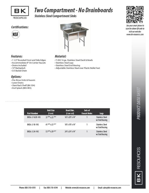 BK Resources Stainless Steel 2 Compartment Sink w/ 10" Riser – 20"L x 16"W x 14"D Bowls - Donut-Equipment.com