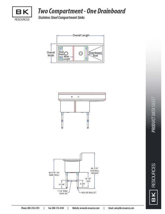 BK Resources Stainless Steel 2 Compartment Sink w/ 10" Riser & Left Drainboard – 20"L x 16"W x 14"D Bowls - Donut-Equipment.com