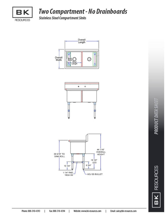 BK Resources Stainless Steel 2 Compartment Sink w/ 10" Riser – 18"L x 18"W x 14"D Bowls - Donut-Equipment.com