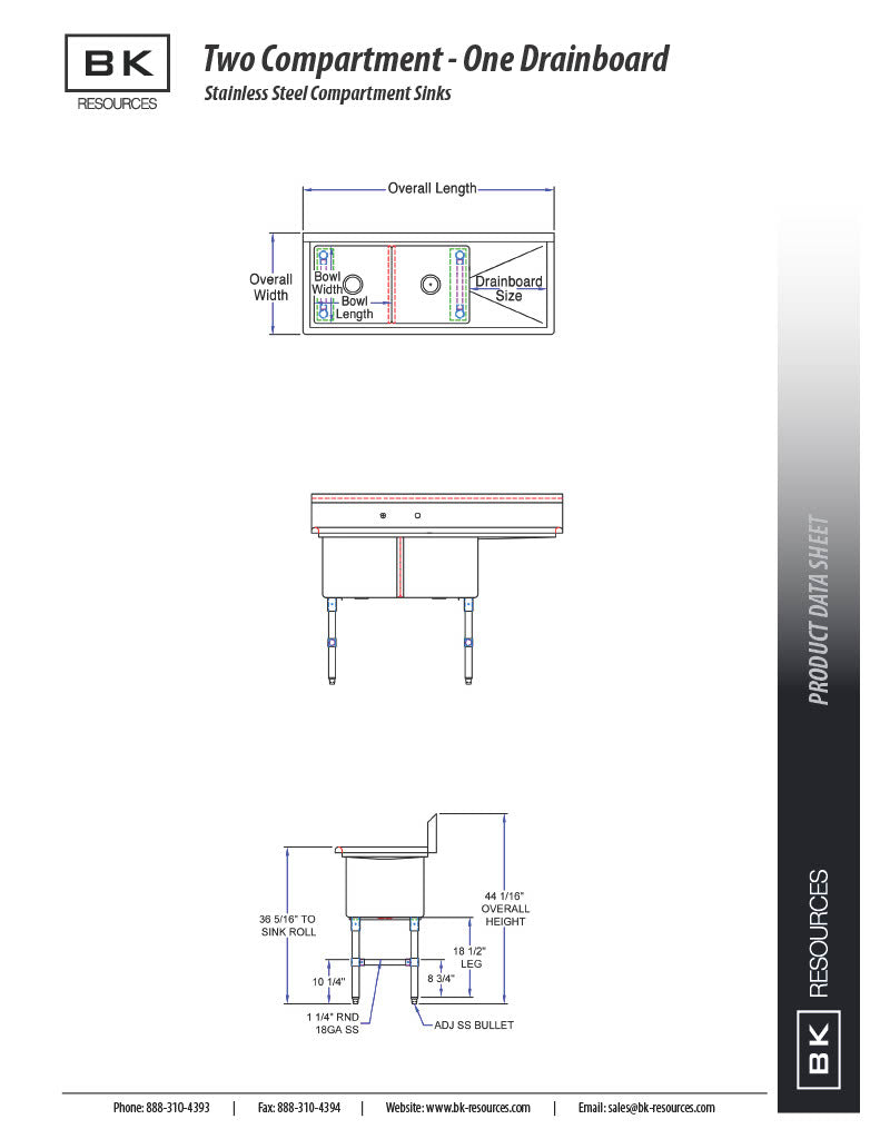 BK Resources Stainless Steel 2 Compartment Sink w/ 10" Riser & Right Drainboard – 18"L x 18"W x 14"D Bowls - Donut-Equipment.com