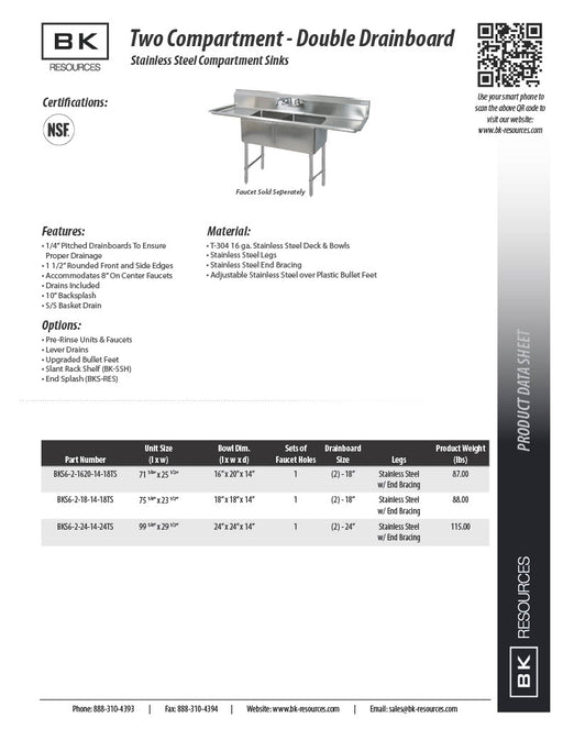BK Resources Stainless Steel 2 Compartment Sink w/ 10" Riser & Drainboards – 18"L x 18"W x 14"D Bowls - Donut-Equipment.com