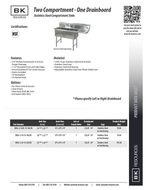 BK Resources Stainless Steel 2 Compartment Sink w/ 10" Riser & Left Drainboard – 24"L x 24"W x 14"D Bowls - Donut-Equipment.com